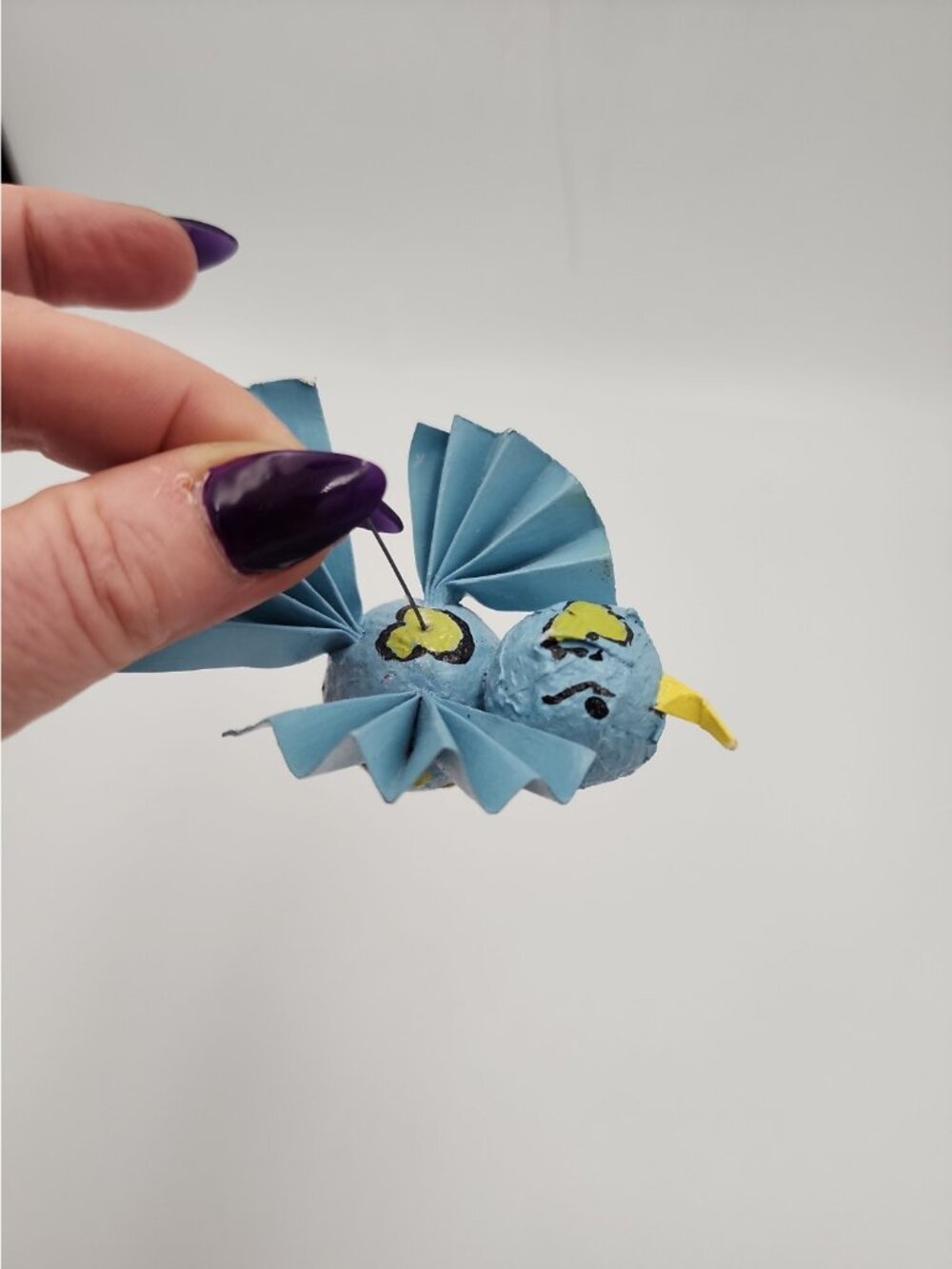 Handmade Paper mache Blue Bird Christmas Ornament Vintage Folk Art 3"